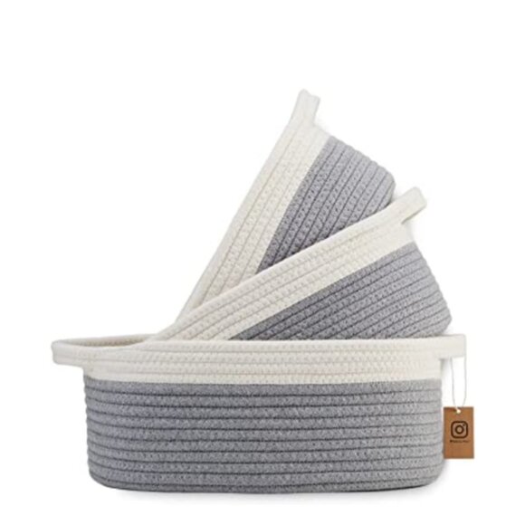 Oval Cotton Rope Storage Basket Set | Set of 3 | Neutral Off-White & Gray - Picture 3 of 8